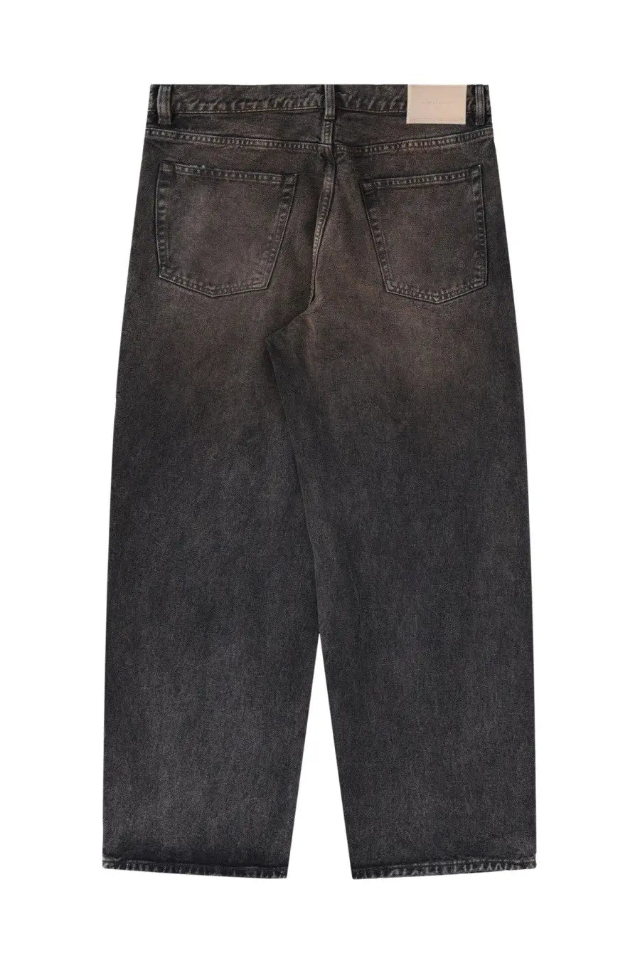 Our Legacy Men’s vast cut jeans in dark gray denim with wide legs faded wash and visible stitching front view