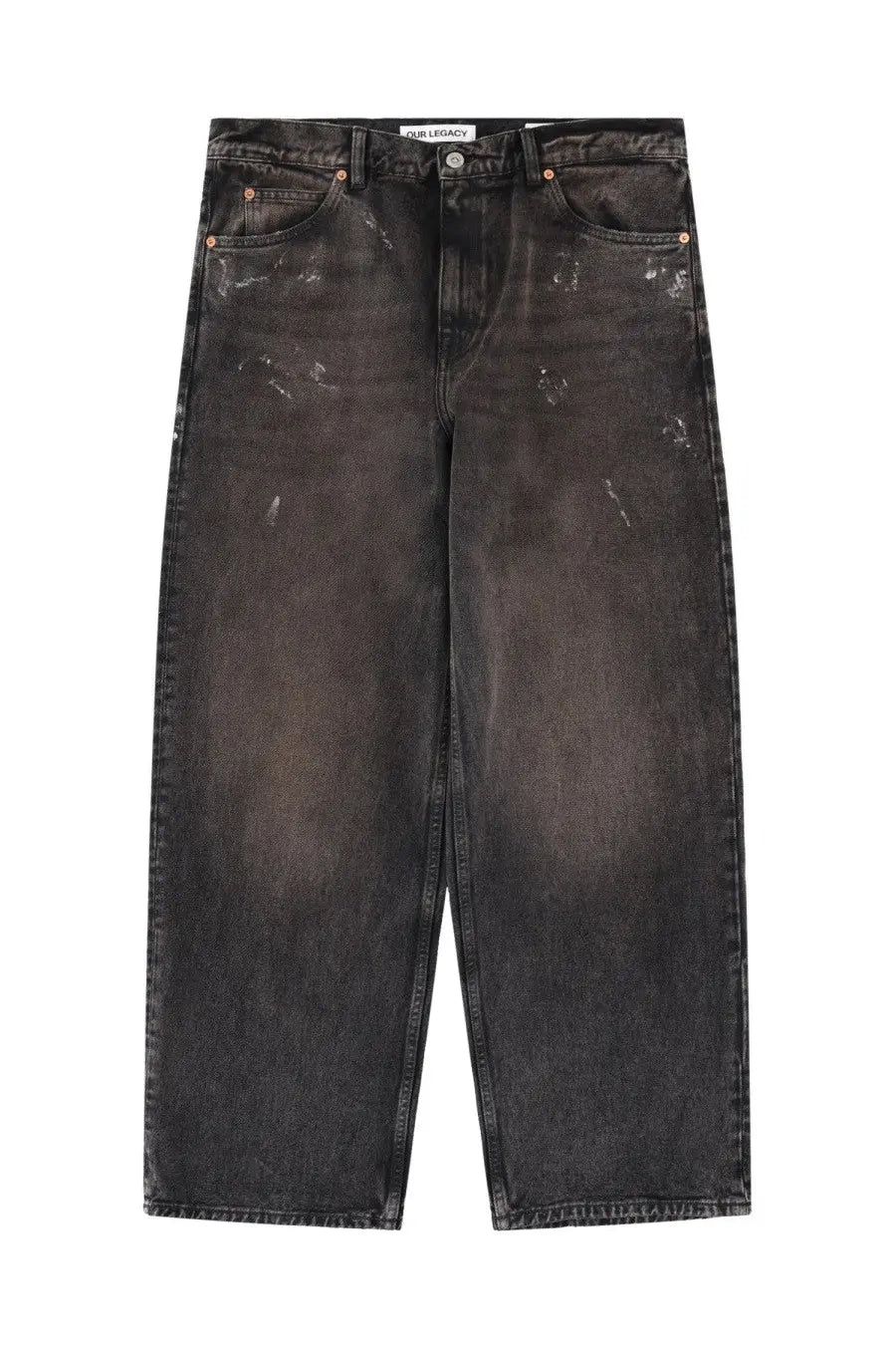 Our legacy men’s vast cut jeans black distressed denim with faded paint splatter and copper rivets front view