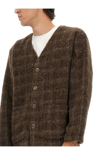 Our Legacy men’s wool blend brown cardigan with fuzzy knit texture and dark brown buttons