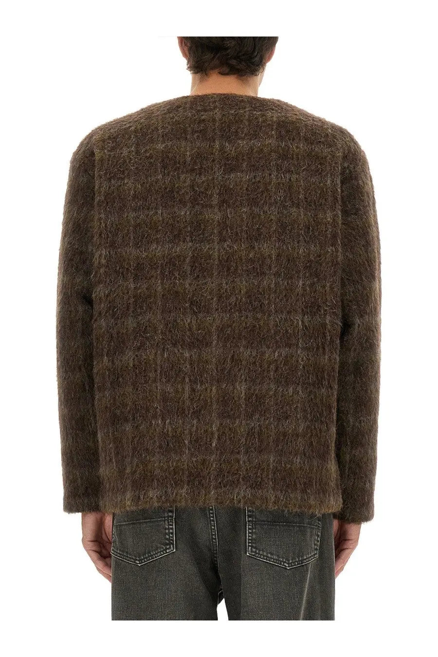 Our legacy men’s wool blend cardigan in brown with a textured plaid pattern and fuzzy shaggy knit details