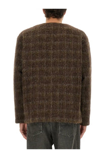 Our legacy men’s wool blend cardigan in brown with a textured plaid pattern and fuzzy shaggy knit details