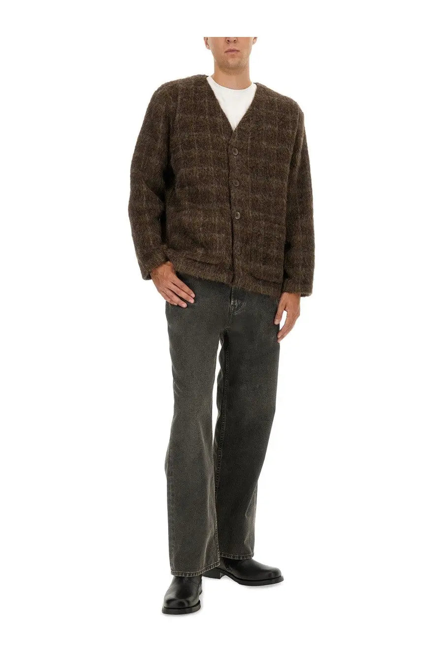 Our Legacy men’s wool blend cardigan in brown with a subtle checkered pattern and textured knit design