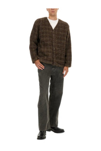 Our Legacy men’s wool blend cardigan in brown with a subtle checkered pattern and textured knit design