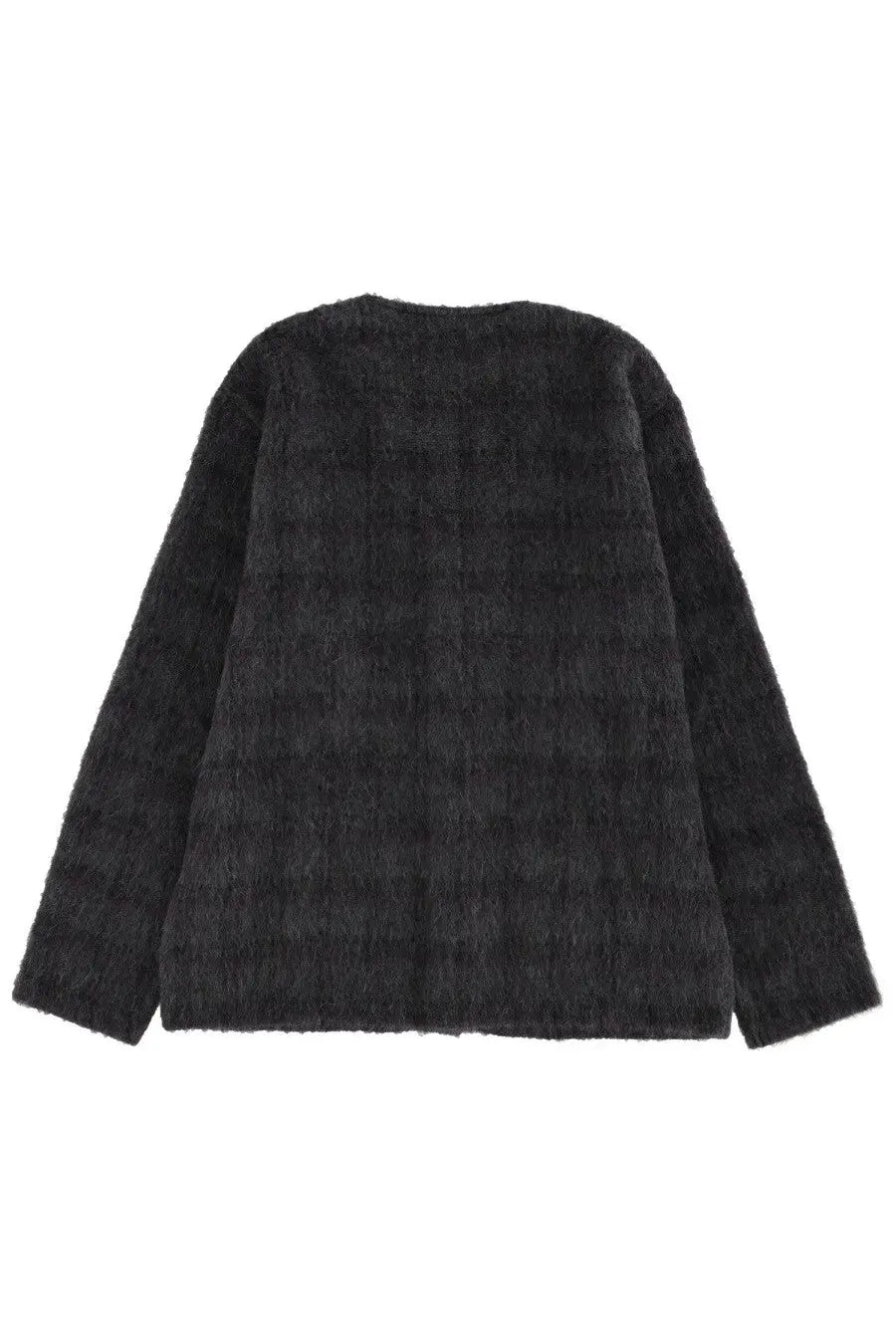 Black fuzzy textured coat with subtle checkered pattern in wool blend from Our Legacy men’s cardigan grey collection
