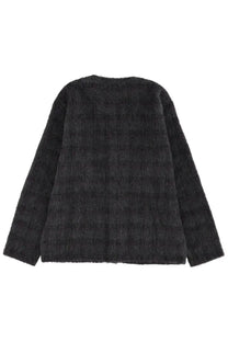 Black fuzzy textured coat with subtle checkered pattern in wool blend from Our Legacy men’s cardigan grey collection