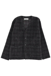 Our legacy men’s wool blend cardigan in grey with black textured knit plaid pattern and dark buttons