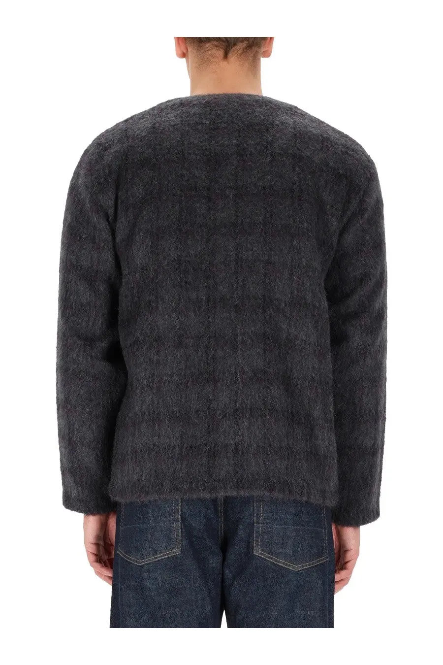 Our Legacy men’s wool blend cardigan in grey with a dark gray fuzzy knit and subtle textured pattern