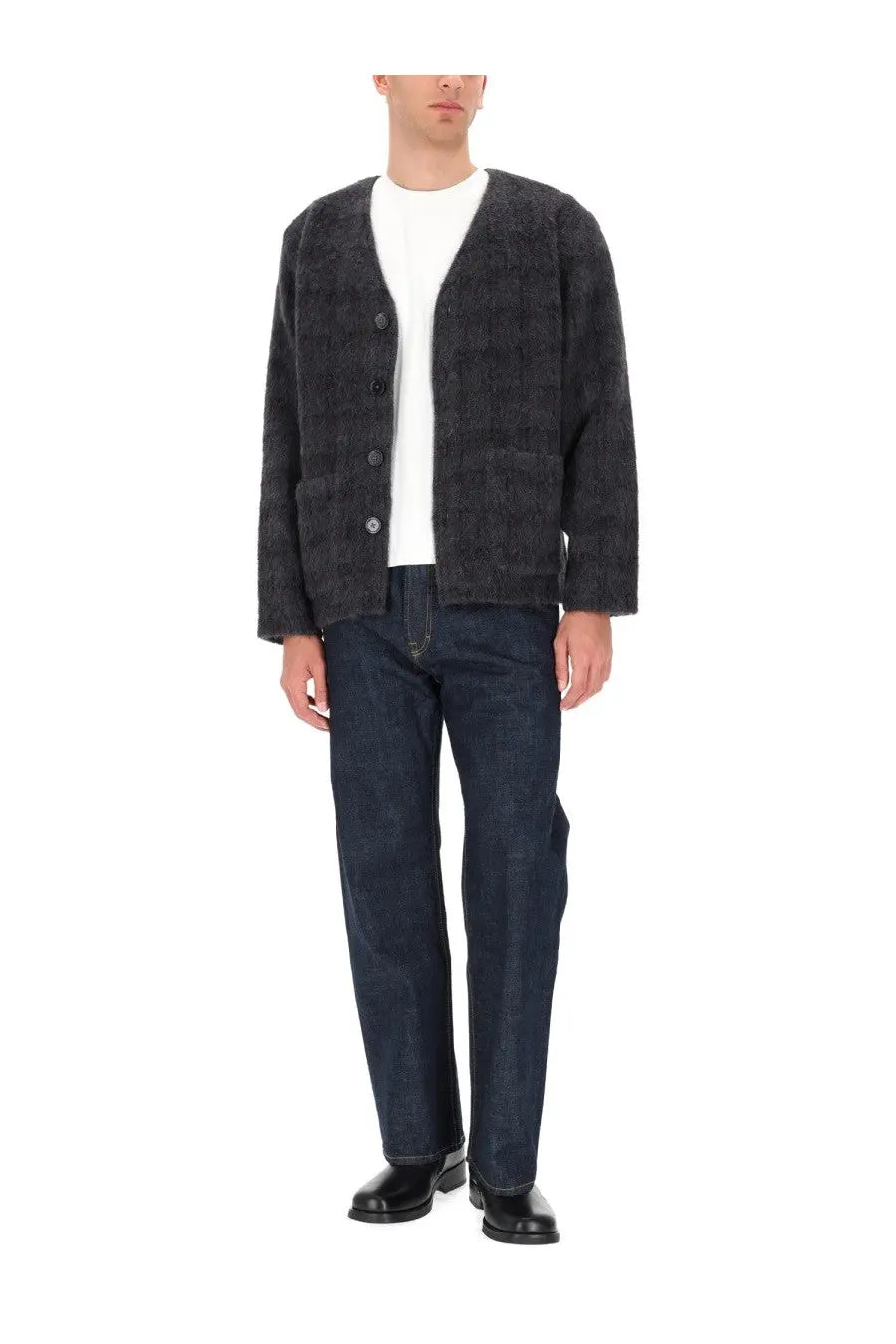 Our legacy men’s wool blend cardigan in dark gray with a textured knit and subtle geometric pattern with black buttons