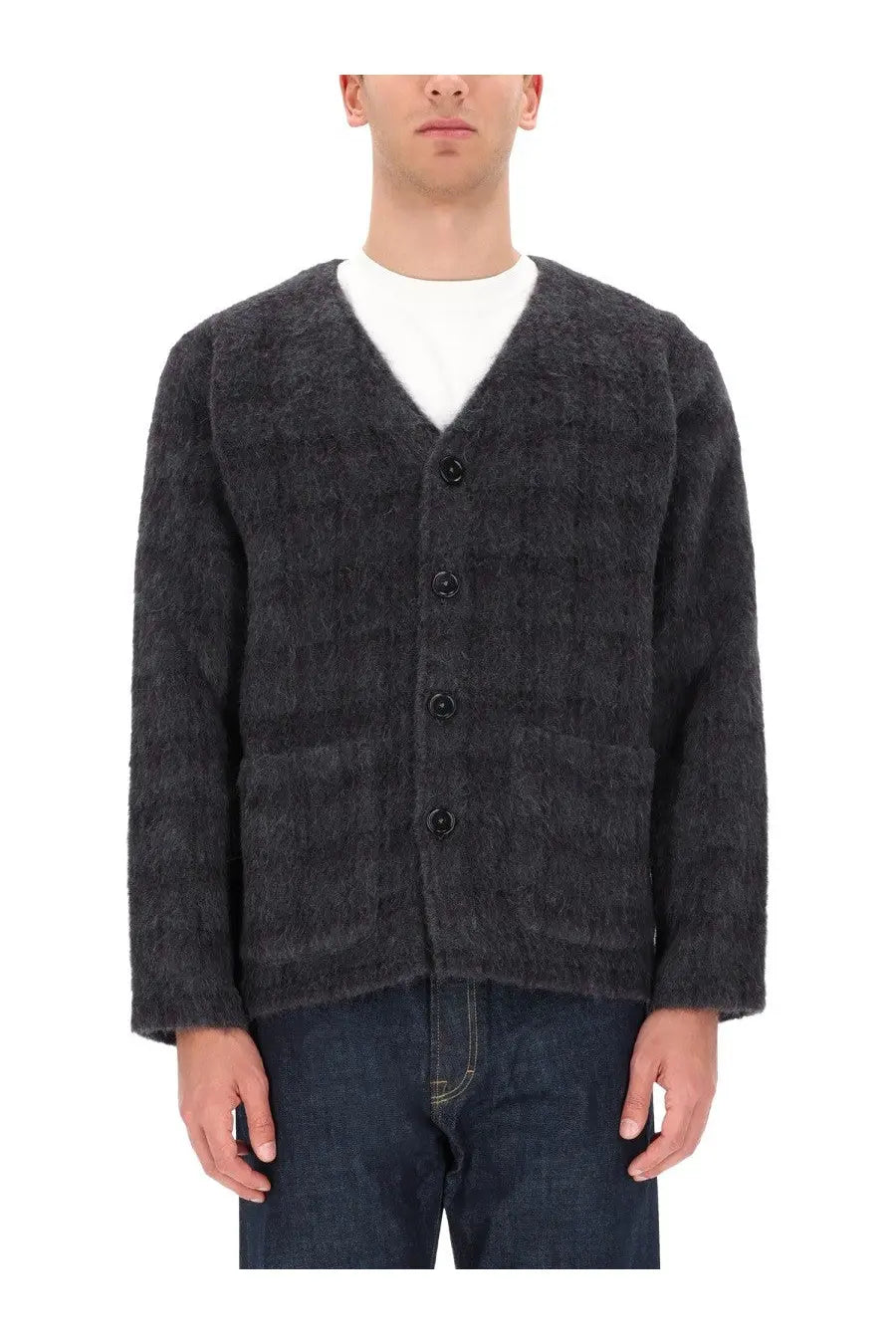 Dark gray textured knit wool blend cardigan with black buttons and two front pockets from our legacy menswear