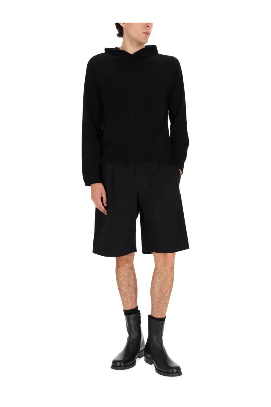 Our Legacy men’s black wool sweatshirt with a hooded long sleeve and sleek minimalist design shown from the back