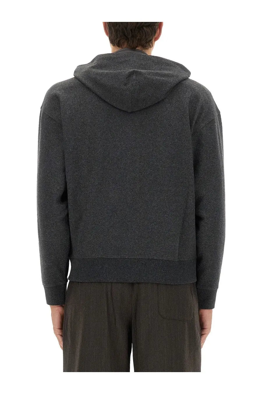 Our Legacy men’s zipper rascal sweatshirt in dark gray textured knit with subtle heathered pattern and ribbed cuffs
