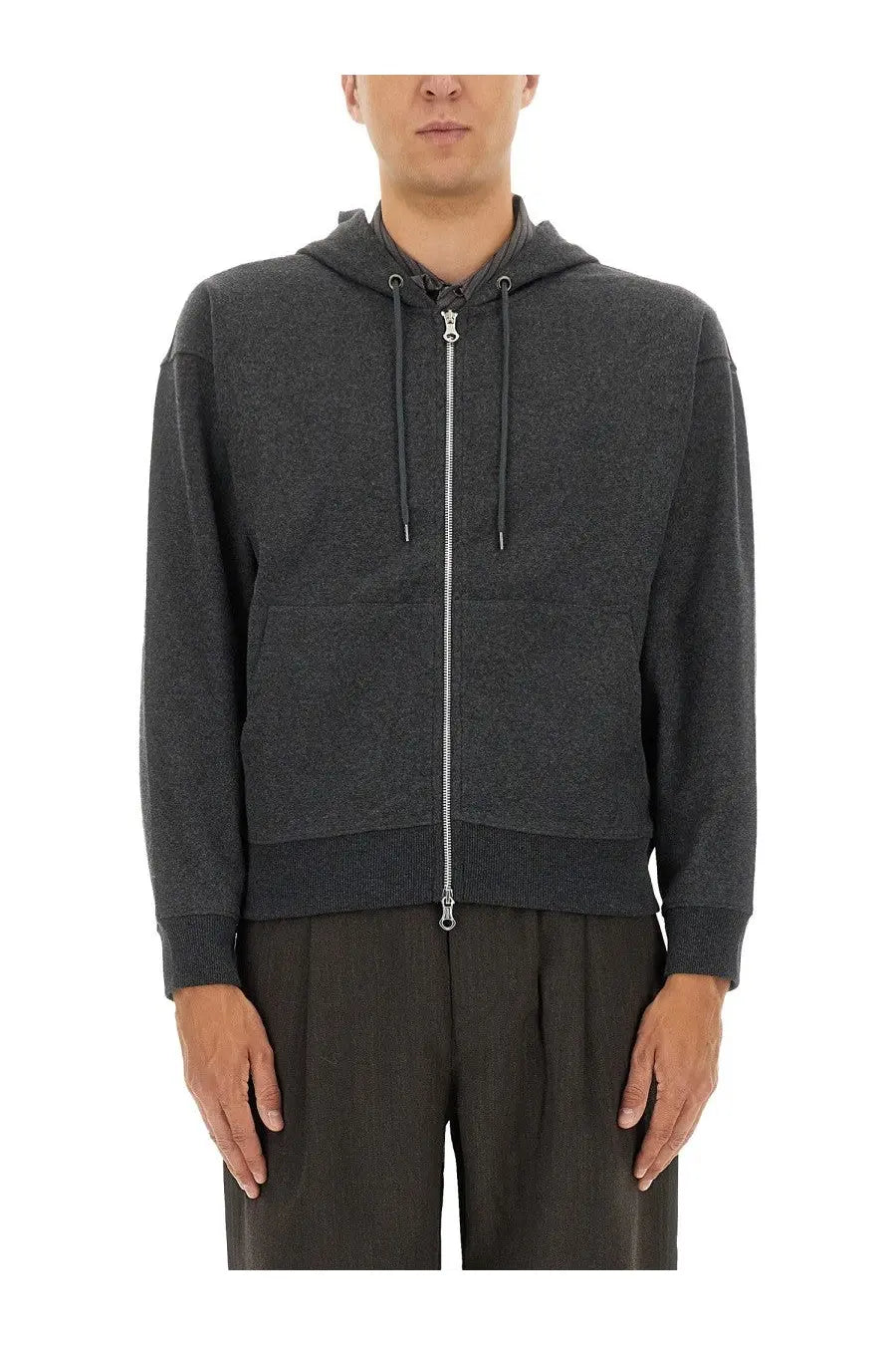 Our legacy men’s zipper rascal sweatshirt grey is a dark gray textured zip-up hoodie with silver zipper and matching drawstrings