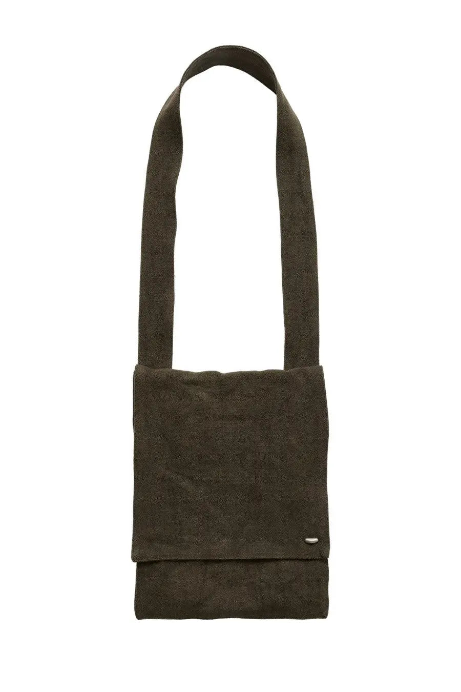 Our Legacy unisex bag slack green dark olive suede messenger bag with minimalist design and small metallic logo