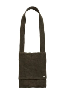 Our Legacy unisex bag slack green dark olive suede messenger bag with minimalist design and small metallic logo