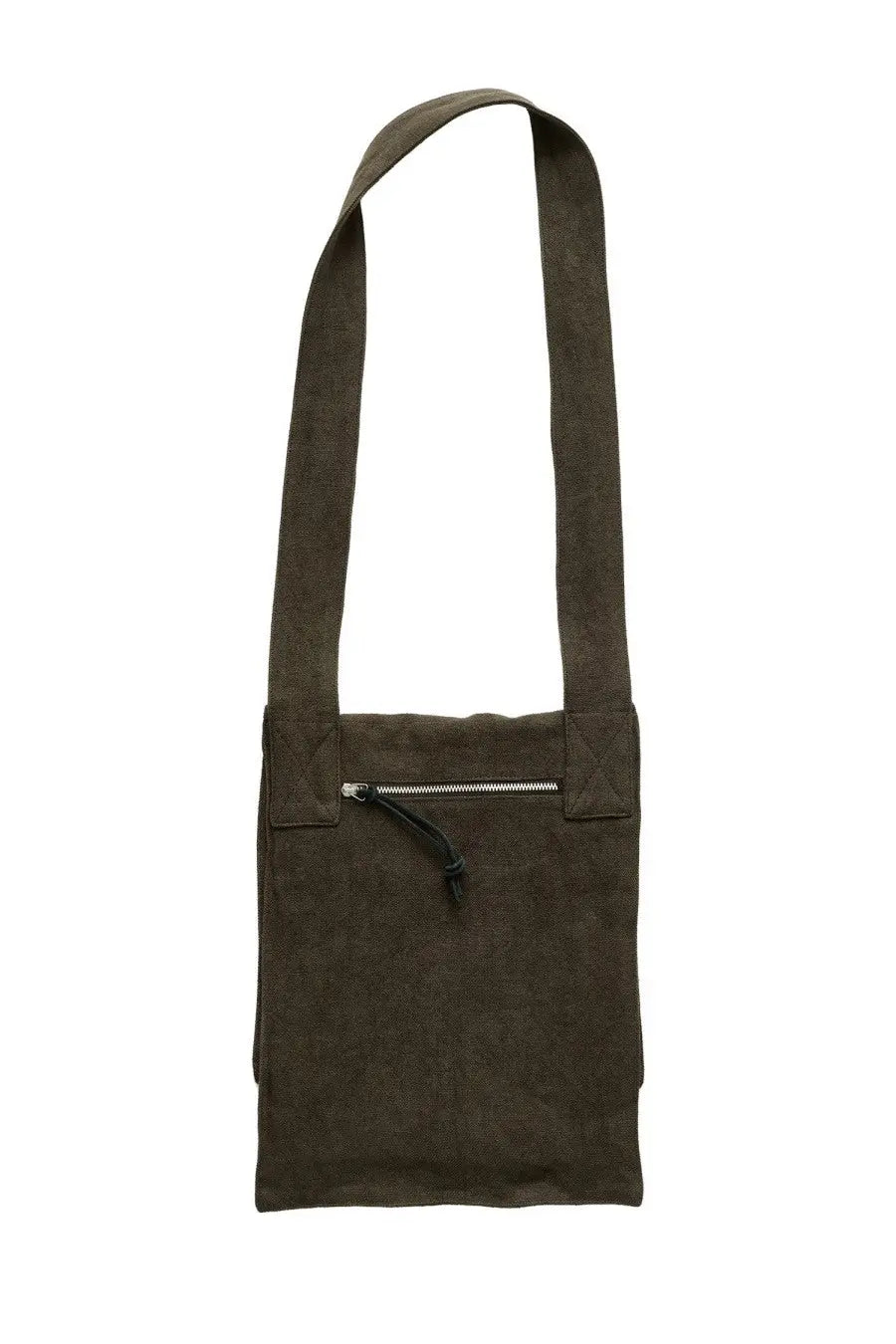 Our Legacy unisex bag slack green dark olive suede shoulder bag with silver zipper and black drawstring