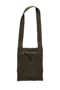 Our Legacy unisex bag slack green dark olive suede shoulder bag with silver zipper and black drawstring