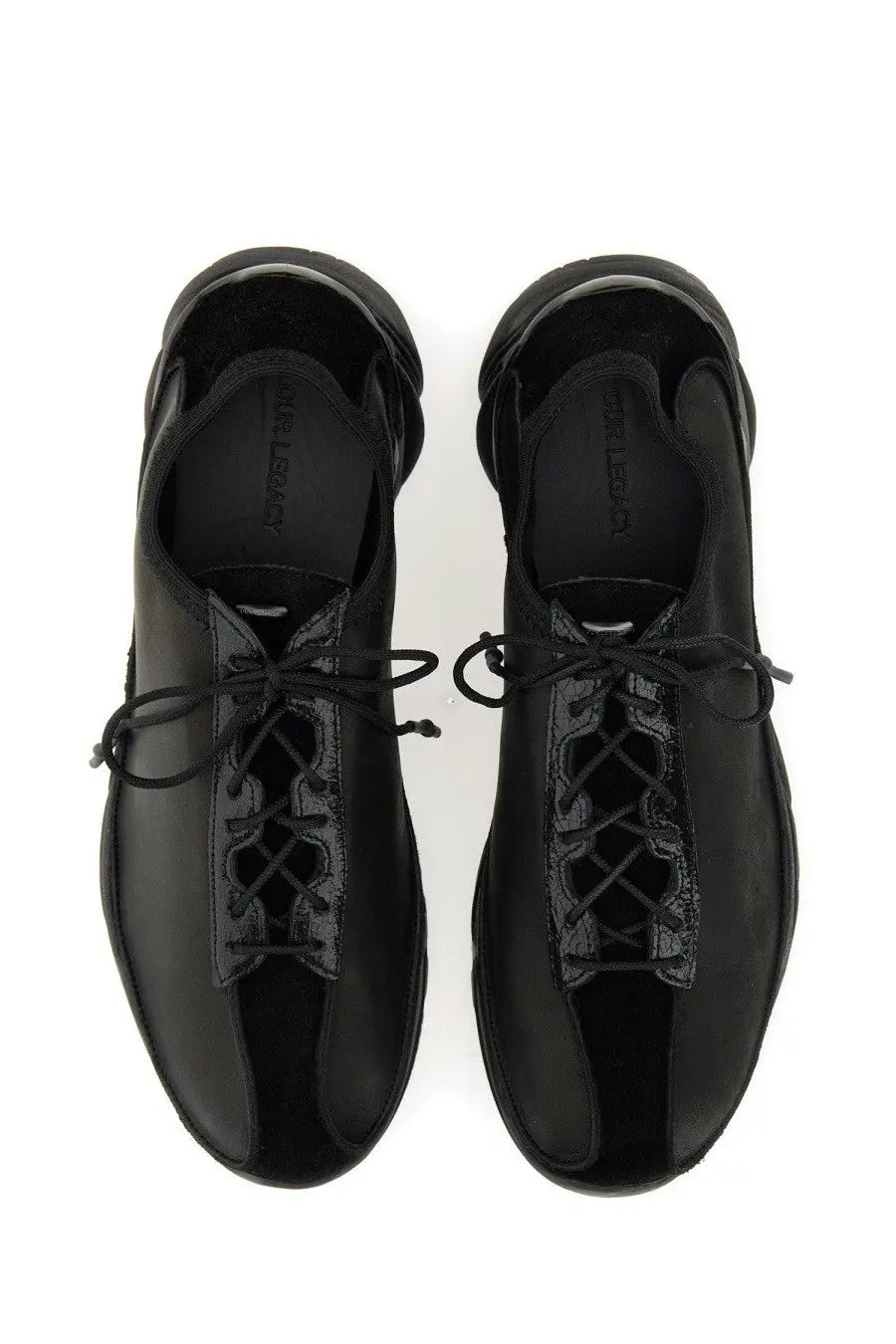 Our Legacy unisex Klove sneaker black leather lace-up with glossy finish and chunky sole for casual wear