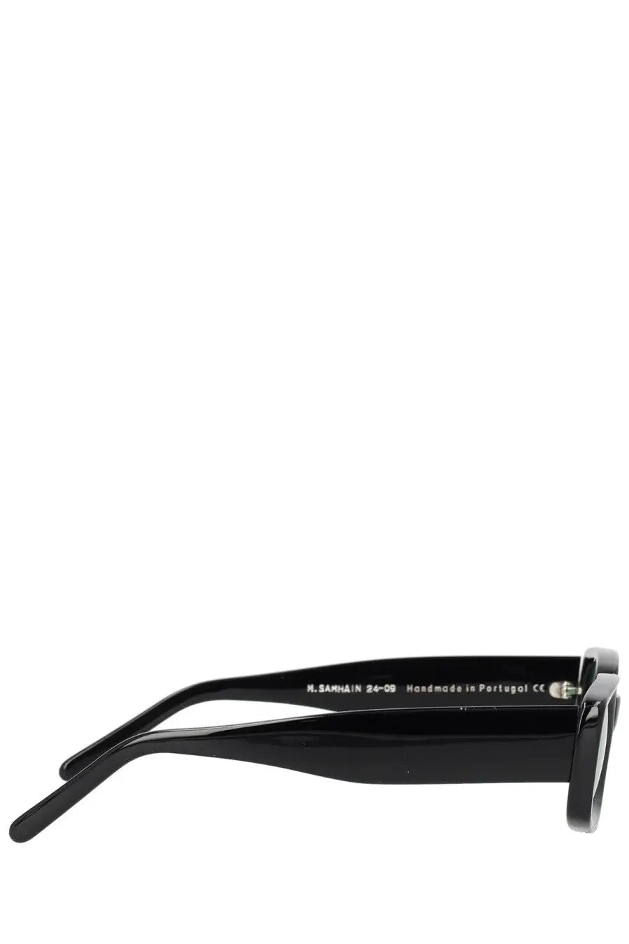 Black rectangular-framed glossy Our Legacy unisex Samhain sunglasses with brand name m on the temple