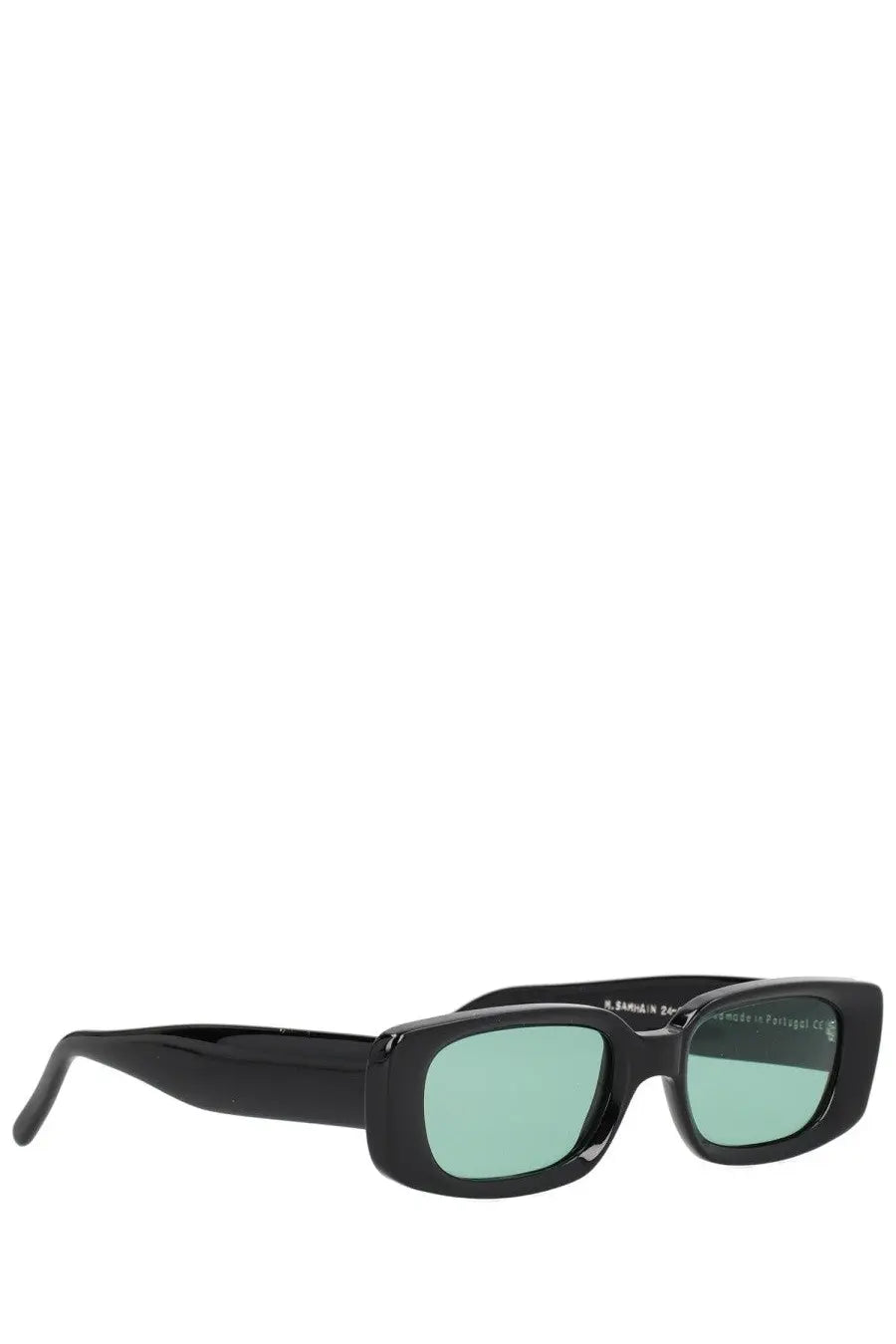 Our Legacy unisex Samhain sunglasses in black feature a rectangular frame with light green tinted lenses