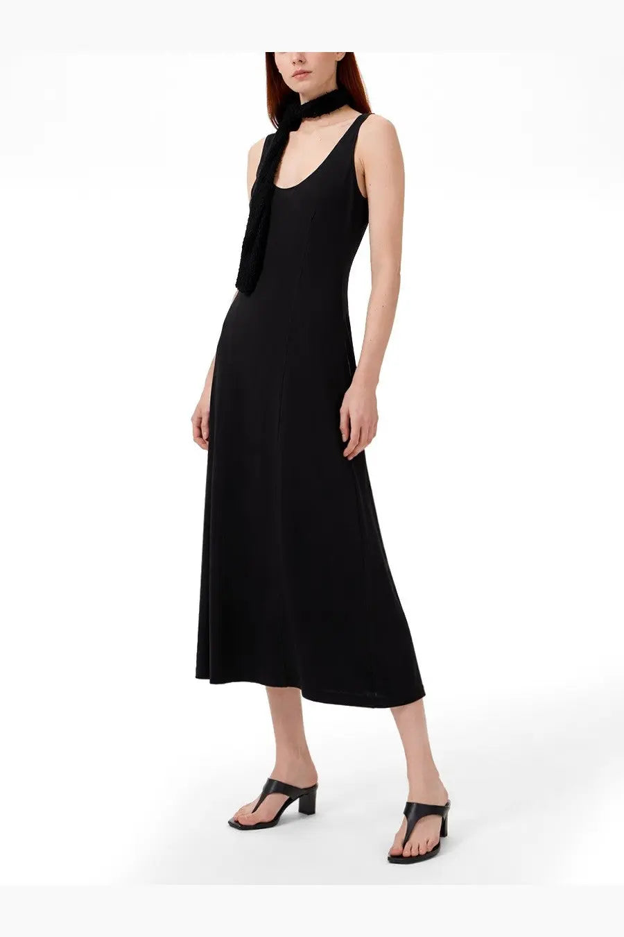 Our legacy women’s blade midi dress black sleeveless with draped scarf detail at the neckline in lightweight fabric
