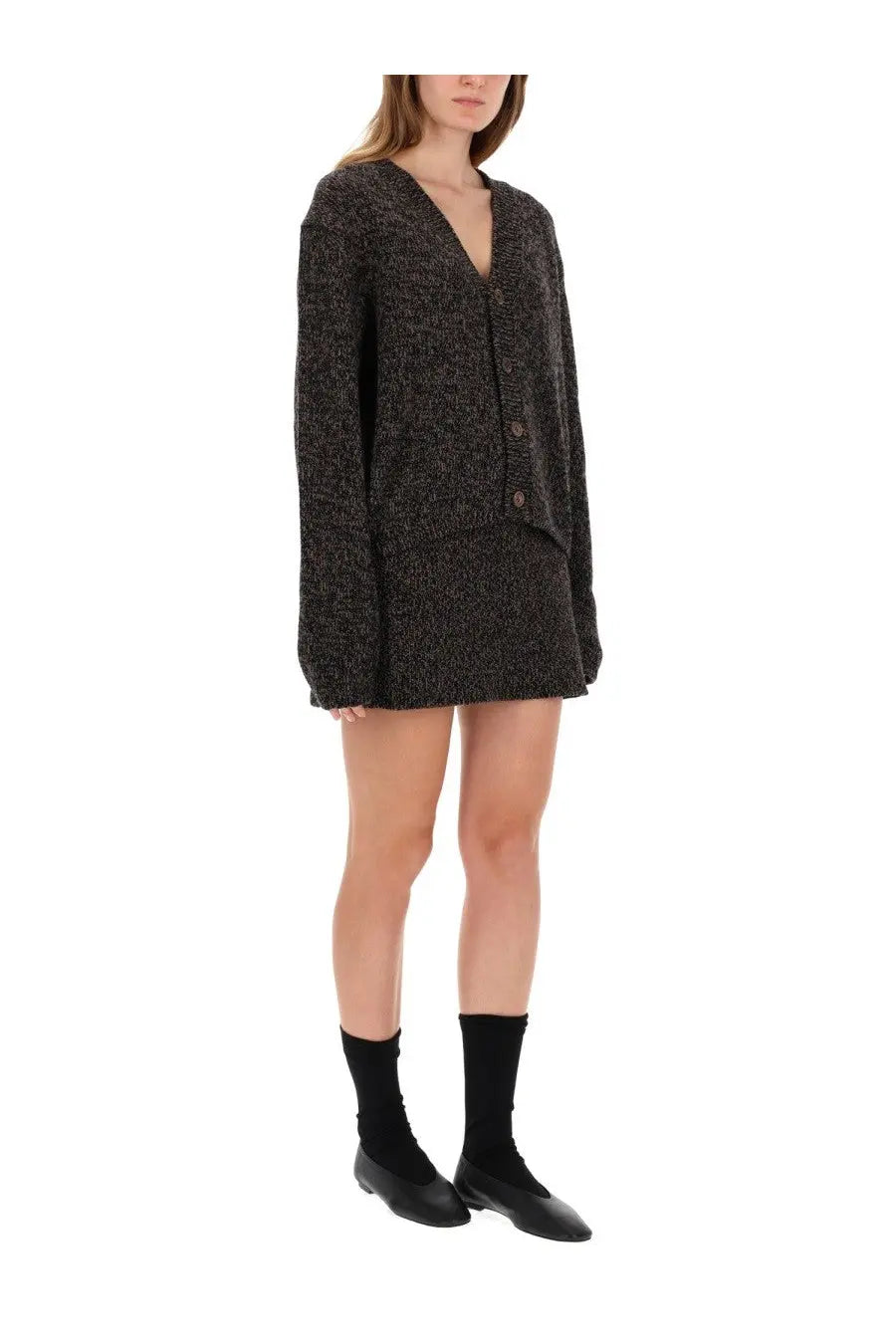 Our legacy women’s cardigan academy multicolor black textured knit v-neck with button closure front view