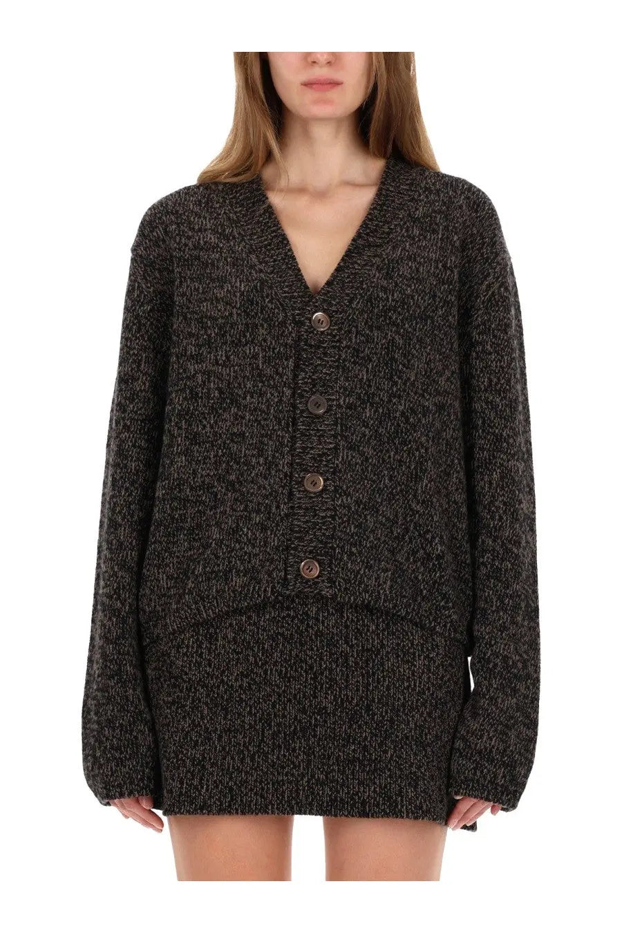 Our Legacy women’s cardigan Academy multicolor in dark gray textured knit with v-neck and button closure