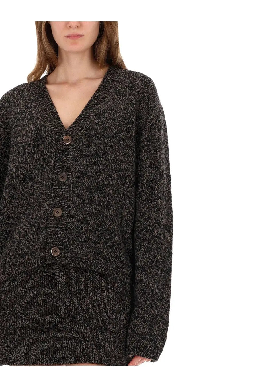 Our Legacy women’s cardigan Academy multicolor featuring a dark gray textured knit v-neck with button closure