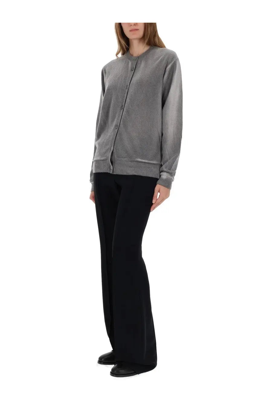 Our Legacy women’s cardigan dual grey gray velvet bomber jacket with ribbed cuffs and hem front view
