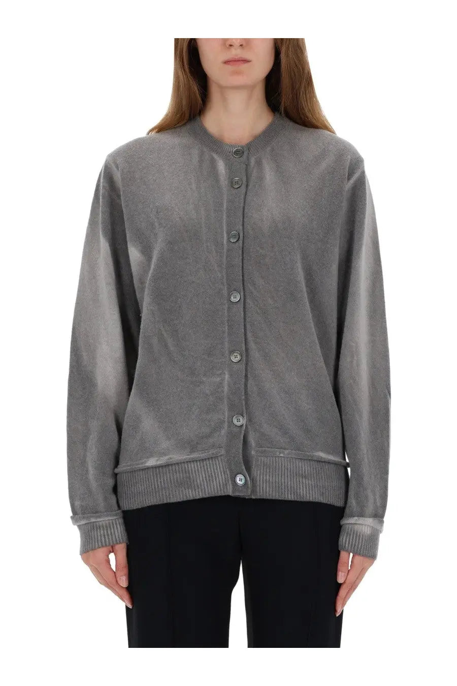 Our Legacy women’s gray velvet cardigan with subtle texture and ribbed cuffs perfect for stylish layering