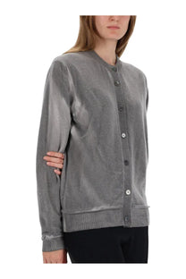 Our Legacy women’s gray velvet cardigan with subtle textured pattern and dark buttons for stylish layering