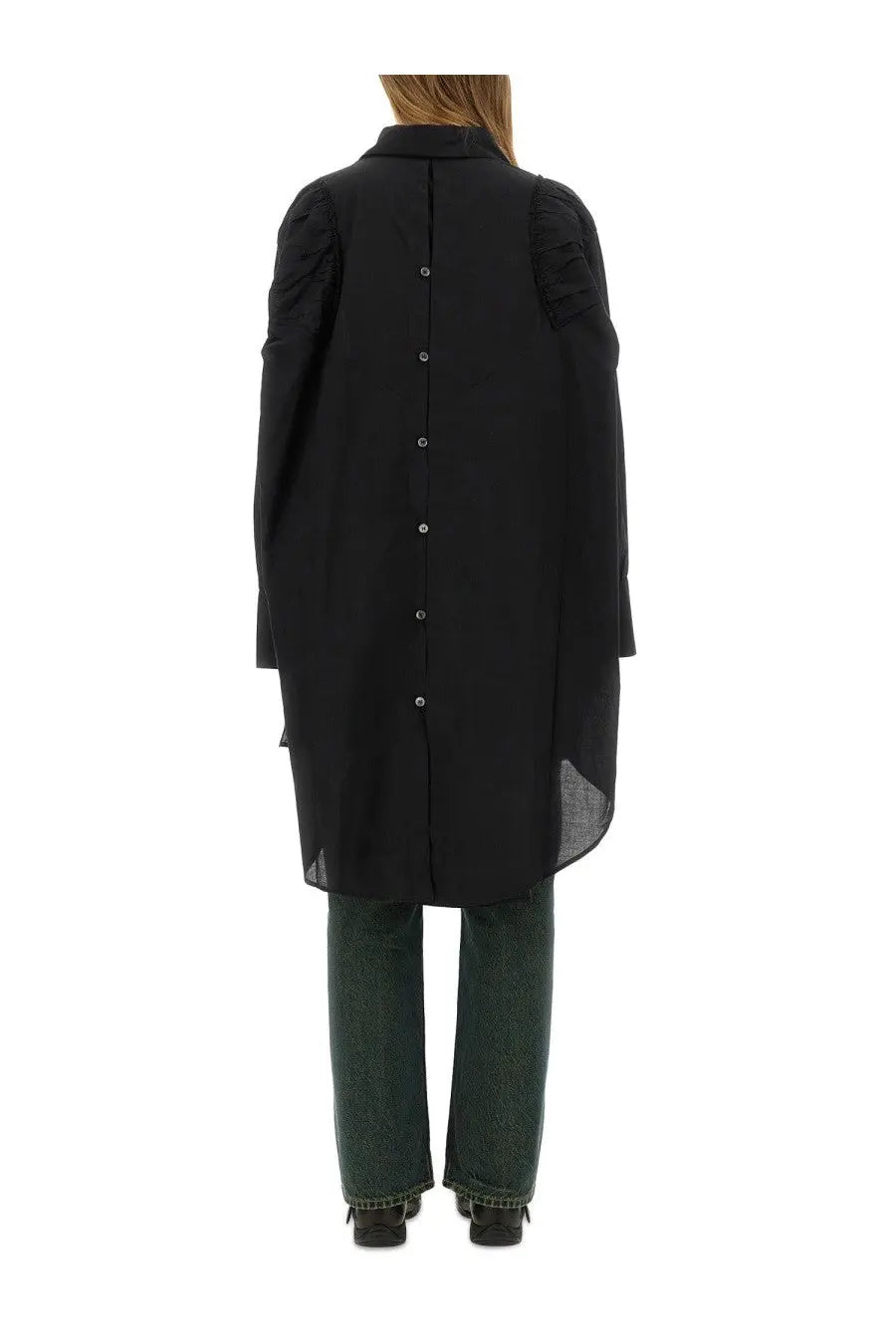 Our Legacy women’s chemisier dress Gale black long-sleeved button-down shirt with puffed shoulders and sheer hem