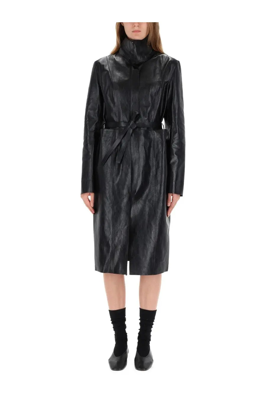 Our Legacy women’s concealed coat in black faux leather with high collar and belted waist
