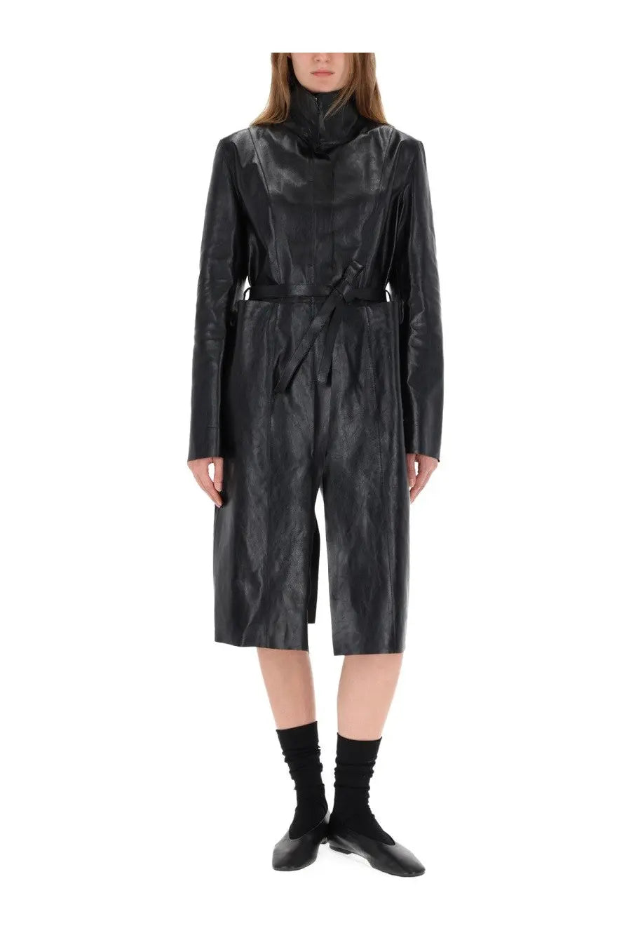Our legacy women’s concealed coat black black leather trench coat with high collar and belted waist front view