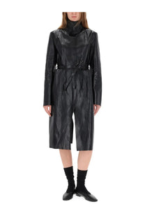 Our legacy women’s concealed coat black black leather trench coat with high collar and belted waist front view
