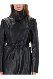Our Legacy women’s black leather trench coat with high collar and belted waist shown from the back side