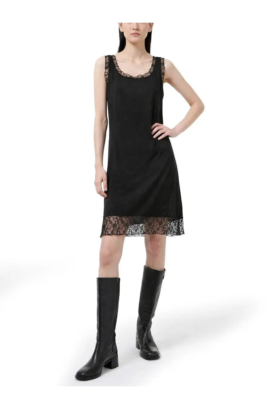 Our Legacy women’s dawn dress black sleeveless with delicate lace trim along the neckline and hem