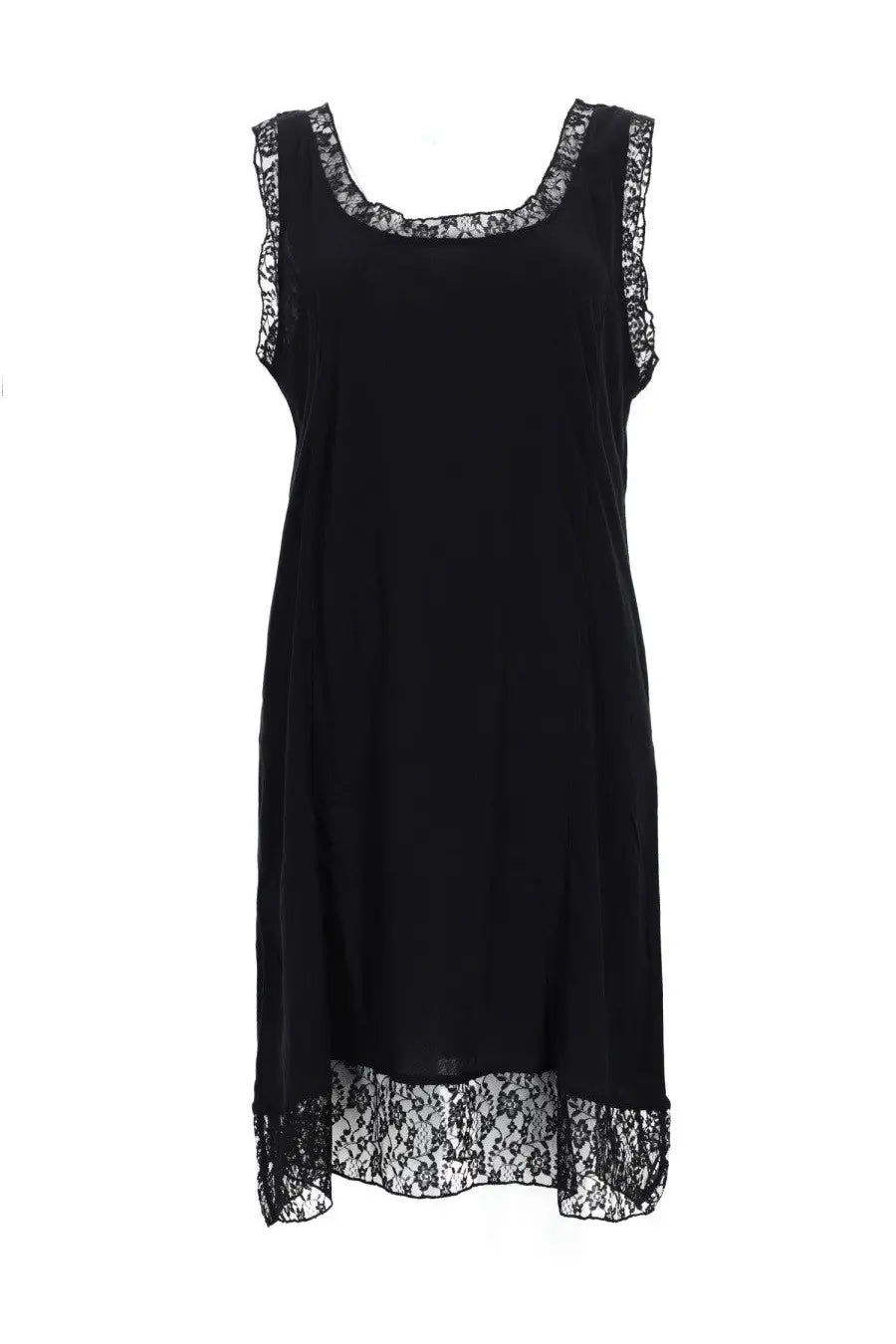 Our Legacy women’s dawn dress black sleeveless with delicate lace trim along neckline armholes and hem