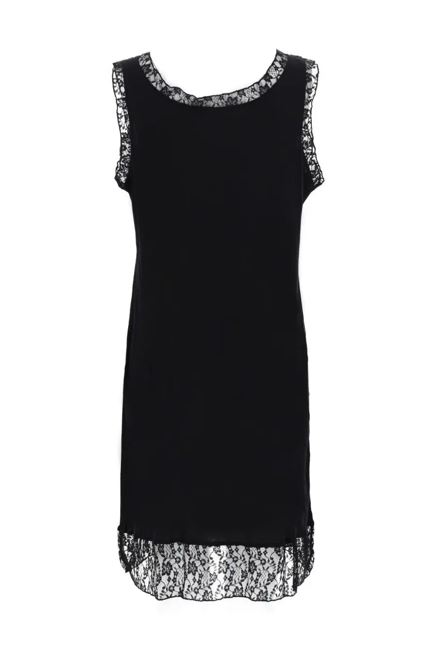 Our Legacy women’s dawn dress black sleeveless with delicate lace trim on neckline armholes and hem