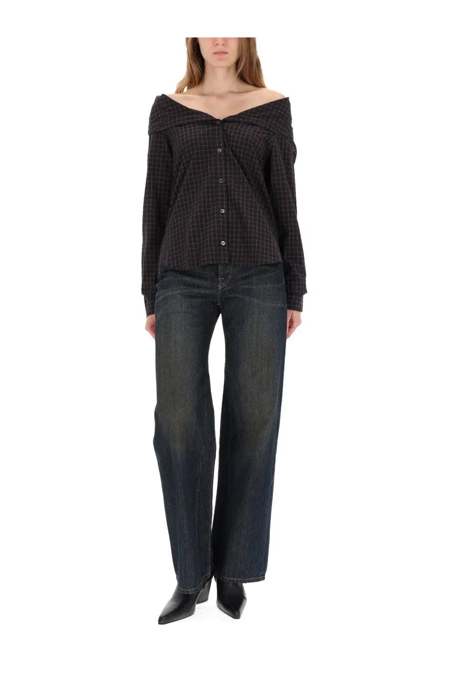 Our legacy women’s kaonashi shirt black is a black and brown plaid off-the-shoulder button-up blouse