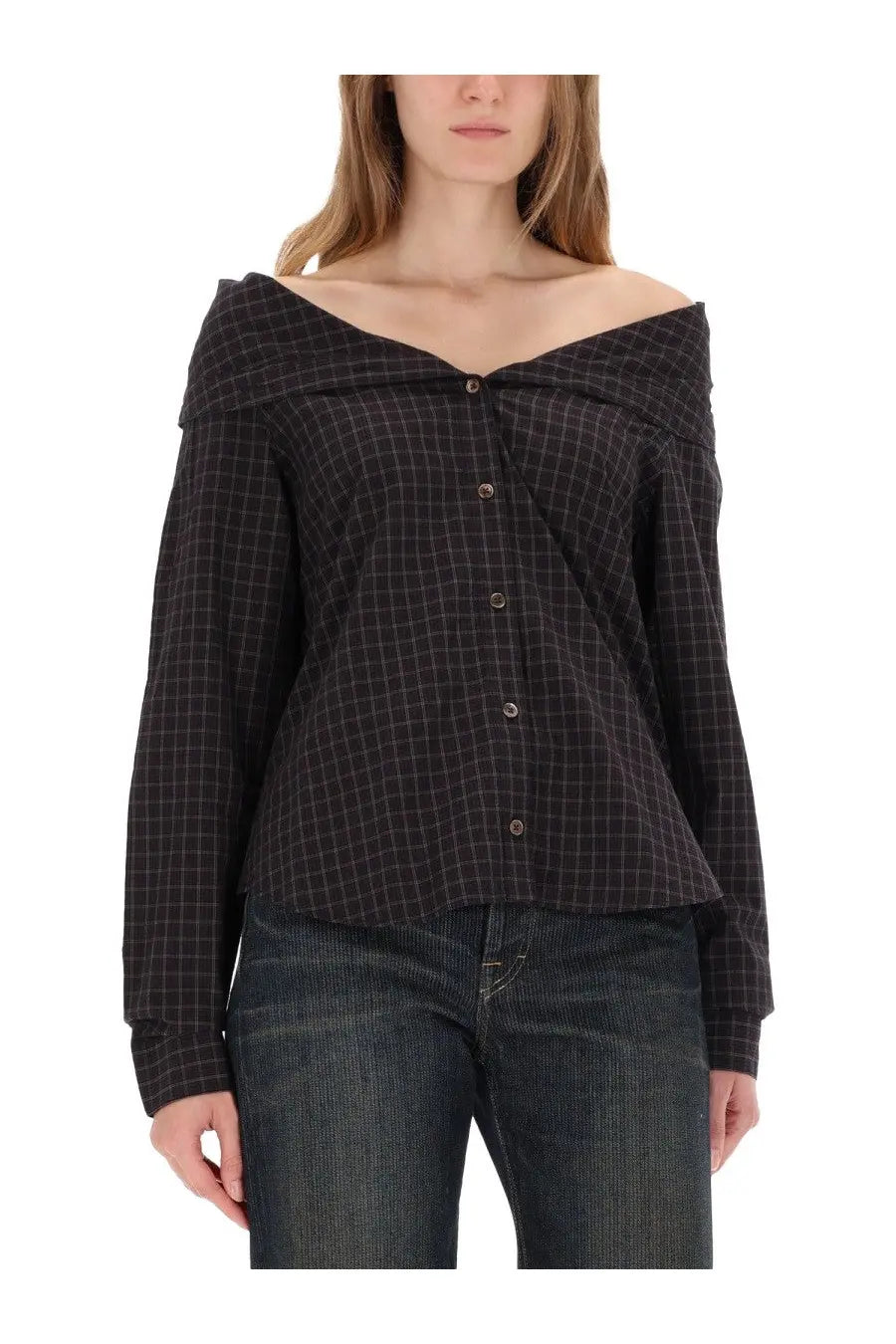 Our Legacy women’s Kaonashi shirt black plaid off-the-shoulder button-up blouse with long sleeves
