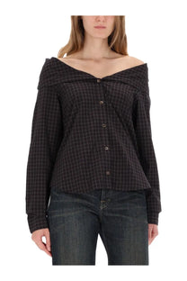 Our Legacy women’s Kaonashi shirt black plaid off-the-shoulder button-up blouse with long sleeves