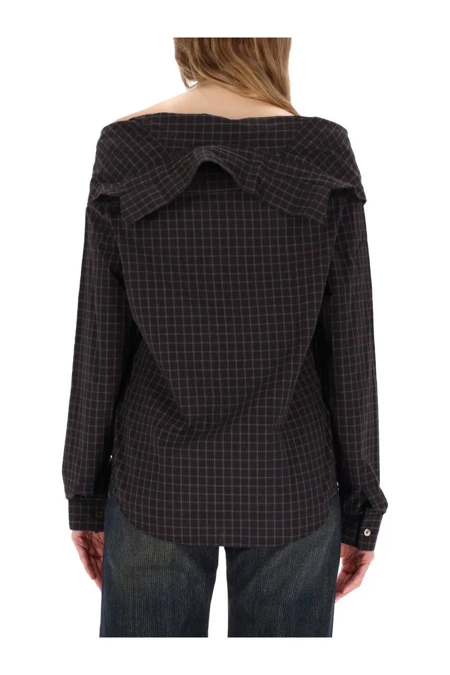 Women’s kaonashi shirt black by our legacy showing black and white checkered off-the-shoulder blouse with large back bow