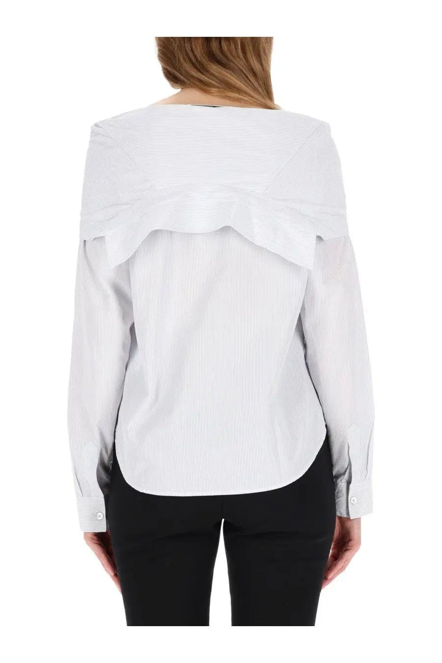 Our legacy women’s kaonashi white blouse with subtle vertical stripes and ruffled shoulder detail is stylish and elegant