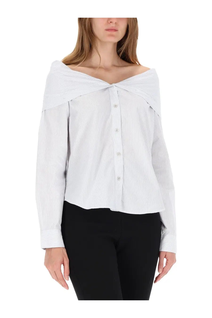 Our Legacy women’s Kaonashi Shirt white off-the-shoulder blouse with fine vertical stripes and button-down front