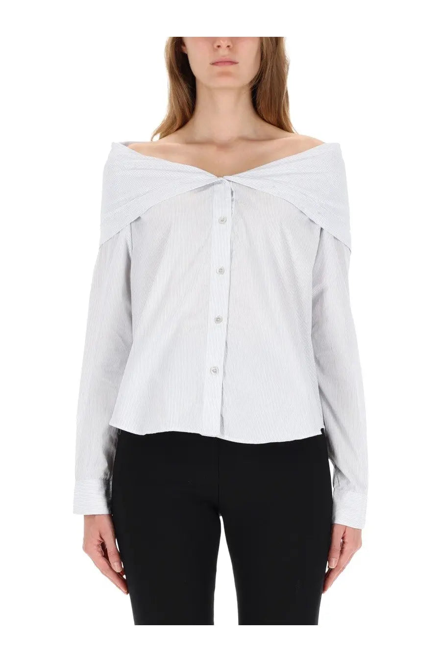 Our Legacy women’s Kaonashi shirt white off-the-shoulder blouse with subtle vertical stripes and button-down front