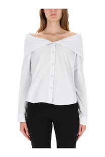 Our Legacy women’s Kaonashi shirt white off-the-shoulder blouse with subtle vertical stripes and button-down front