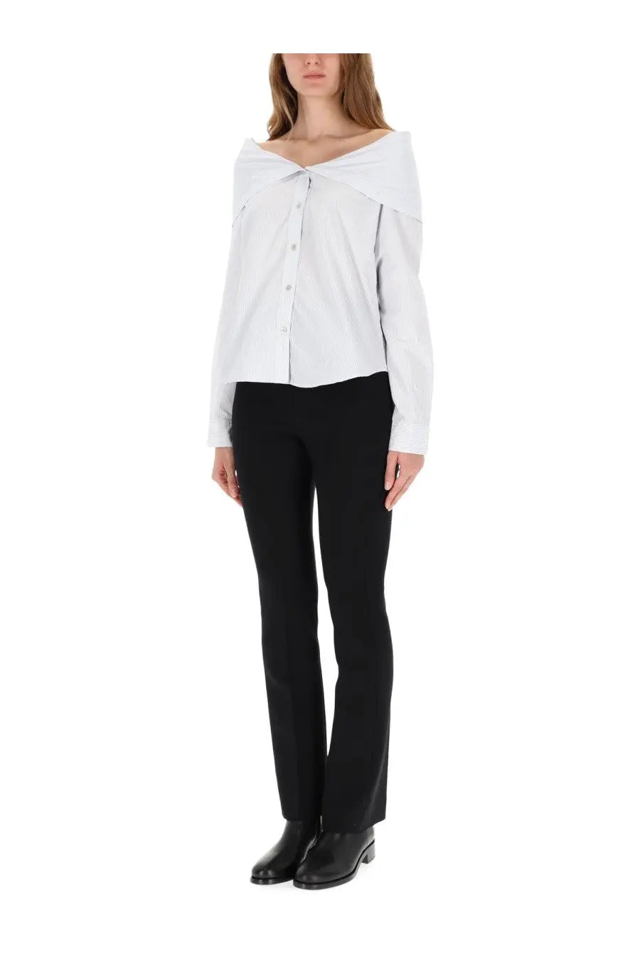 Our Legacy women’s white off-the-shoulder button-down blouse with draped neckline and long sleeves