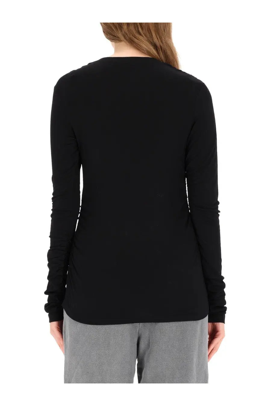 Our Legacy women’s black long sleeve shirt with ruched cuffs and rounded neckline in soft fabric