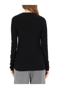 Our Legacy women’s black long sleeve shirt with ruched cuffs and rounded neckline in soft fabric