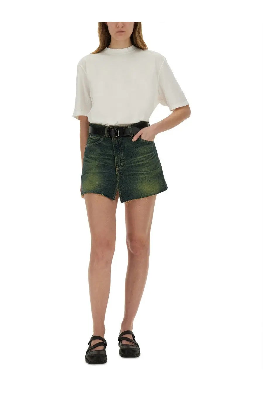 Our Legacy women’s Malibu cover skirt green high-waisted denim shorts with frayed hem and five-pocket design